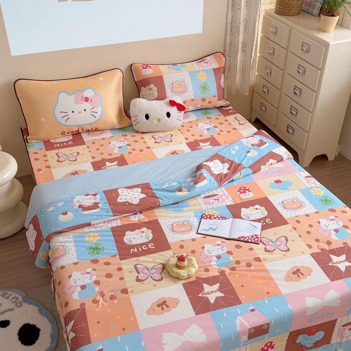 91家纺网 家纺一手货源 找家纺 美乐迪家纺 2026新款水光冰丝凉席夏被 拼接小猫