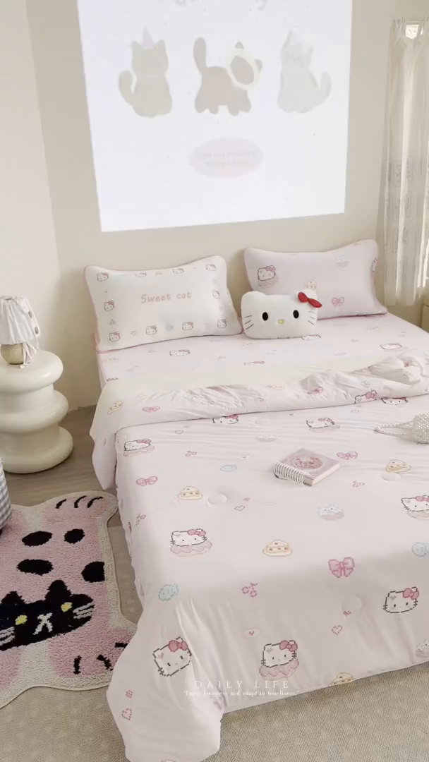 91家纺网 家纺一手货源 找家纺 美乐迪家纺 2026新款水光冰丝凉席夏被 猫咪甜甜圈