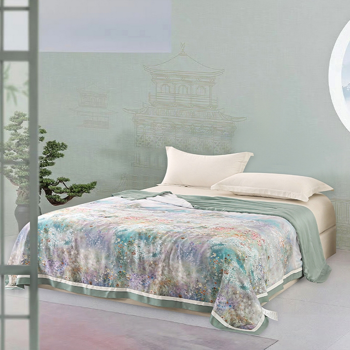 91家纺网 家纺一手货源 找家纺 薇玛仕 2026春夏新款100支兰精天丝数码印花可水洗蚕丝夏凉被空调被100蚕丝填充可过检测 维多利亚 蓝