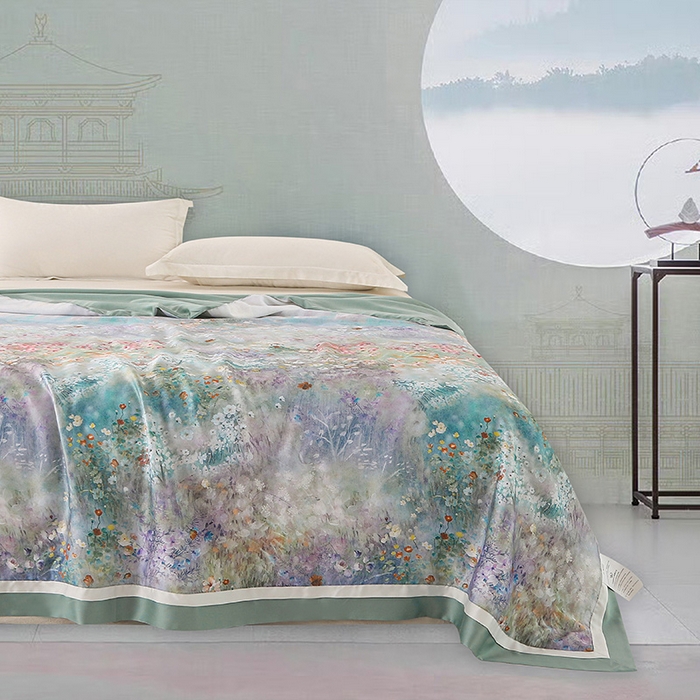 91家纺网 家纺一手货源 找家纺 薇玛仕 2026春夏新款100支兰精天丝数码印花可水洗蚕丝夏凉被空调被100蚕丝填充可过检测 维多利亚 蓝