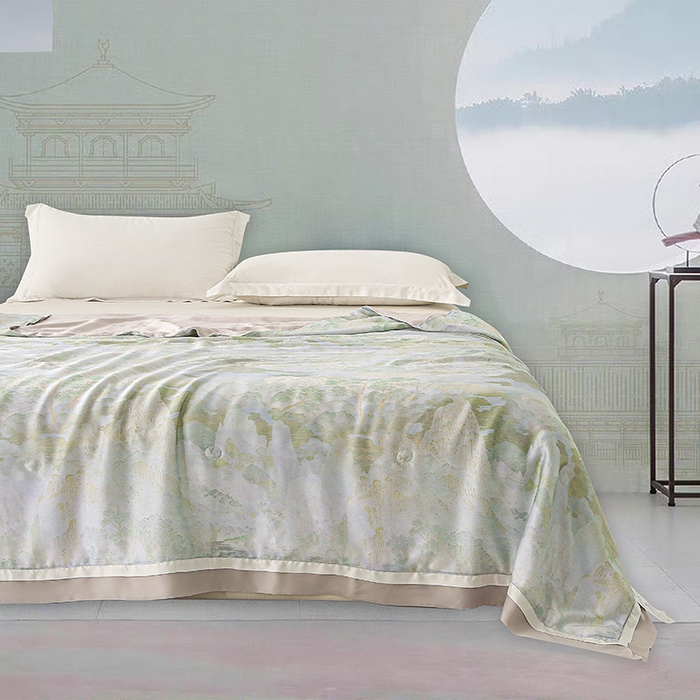 91家纺网 家纺一手货源 找家纺 薇玛仕 2026春夏新款100支兰精天丝数码印花可水洗蚕丝夏凉被空调被100蚕丝填充可过检测 伊芙琳 绿