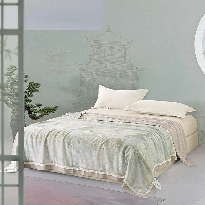 91家纺网 家纺一手货源 找家纺 薇玛仕 2026春夏新款100支兰精天丝数码印花可水洗蚕丝夏凉被空调被100蚕丝填充可过检测 伊芙琳 绿