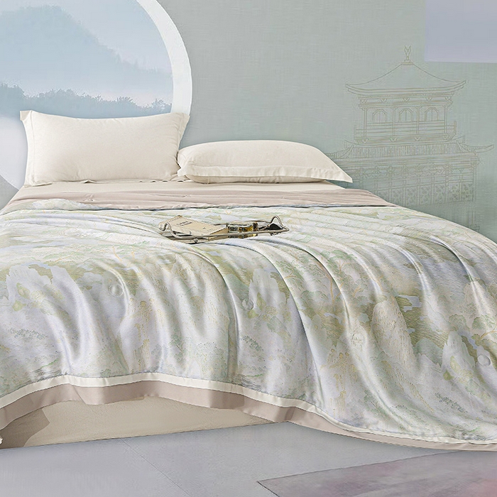 91家纺网 家纺一手货源 找家纺 薇玛仕 2026春夏新款100支兰精天丝数码印花可水洗蚕丝夏凉被空调被100蚕丝填充可过检测 伊芙琳 绿