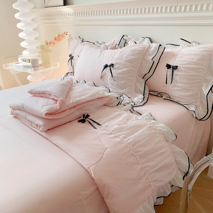 91家纺网 家纺一手货源 找家纺 吾欢心 2026新款小香风可可系列双层花边夏被四件套被子被芯 可可奶昔粉