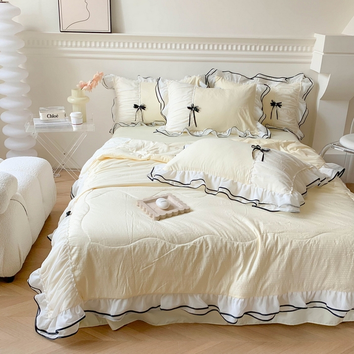 91家纺网 家纺一手货源 找家纺 吾欢心 2026新款小香风可可系列双层花边夏被四件套被子被芯 可可柠檬黄