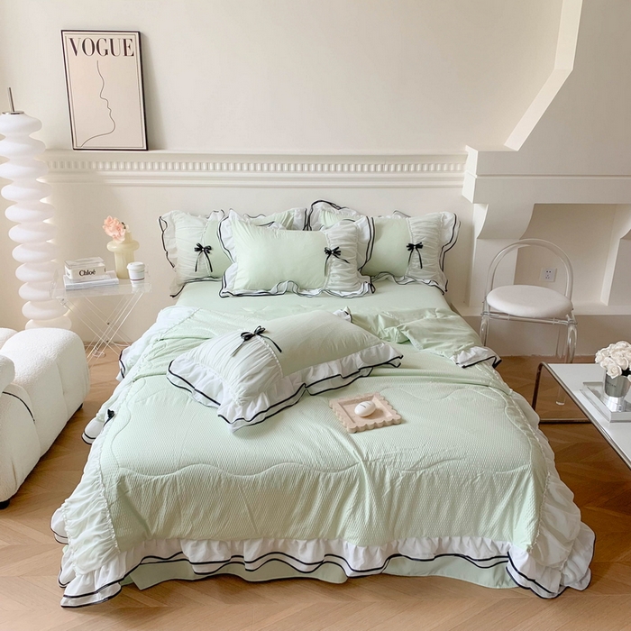 91家纺网 家纺一手货源 找家纺 吾欢心 2026新款小香风可可系列双层花边夏被四件套被子被芯 可可奶茶绿