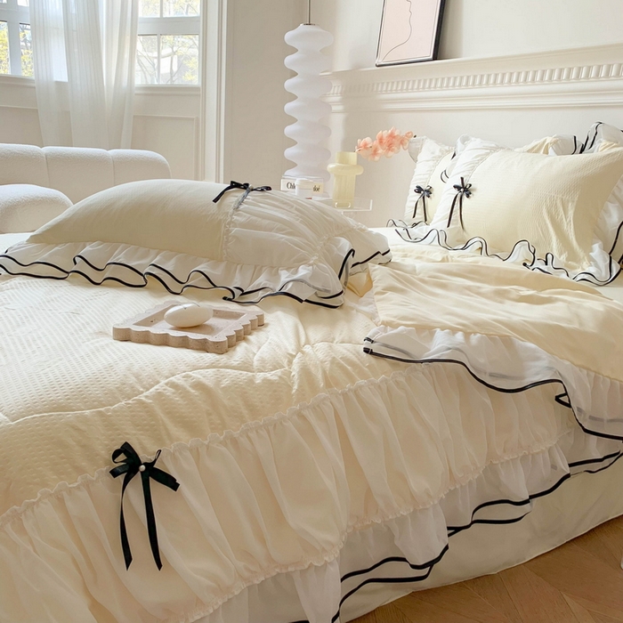 91家纺网 家纺一手货源 找家纺 吾欢心 2026新款小香风可可系列双层花边夏被四件套被子被芯 可可柠檬黄