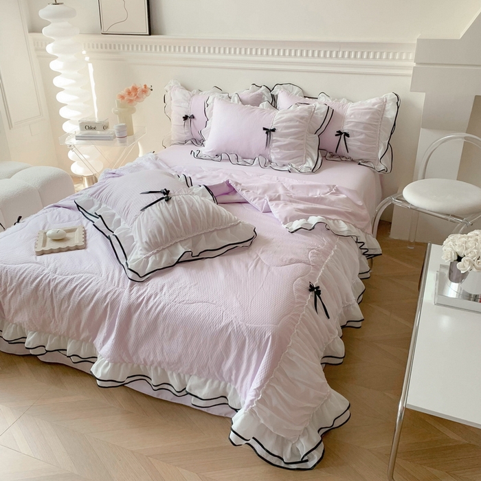 91家纺网 家纺一手货源 找家纺 吾欢心 2026新款小香风可可系列双层花边夏被四件套被子被芯 可可温柔紫