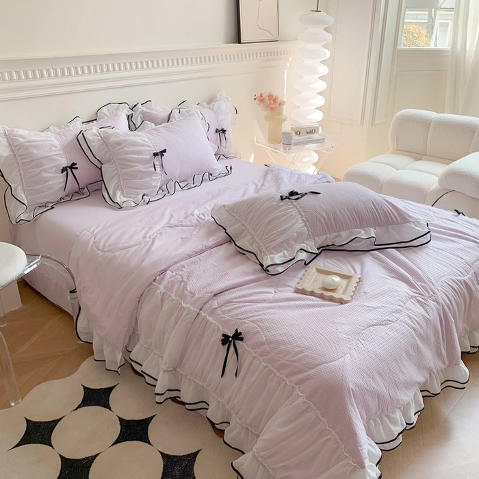 91家纺网 家纺一手货源 找家纺 吾欢心 2026新款小香风可可系列双层花边夏被四件套被子被芯 可可温柔紫