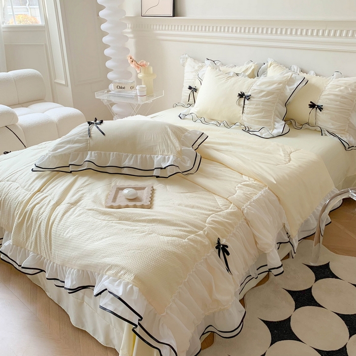 91家纺网 家纺一手货源 找家纺 吾欢心 2026新款小香风可可系列双层花边夏被四件套被子被芯 可可柠檬黄