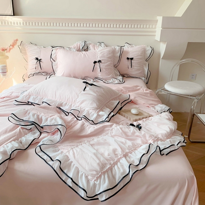 91家纺网 家纺一手货源 找家纺 吾欢心 2026新款小香风可可系列双层花边夏被四件套被子被芯 可可奶昔粉