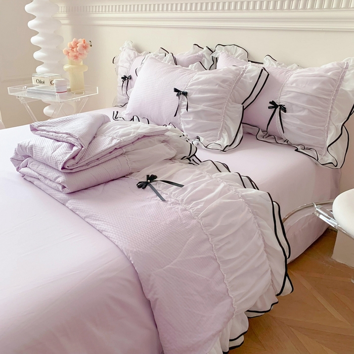 91家纺网 家纺一手货源 找家纺 吾欢心 2026新款小香风可可系列双层花边夏被四件套被子被芯 可可温柔紫