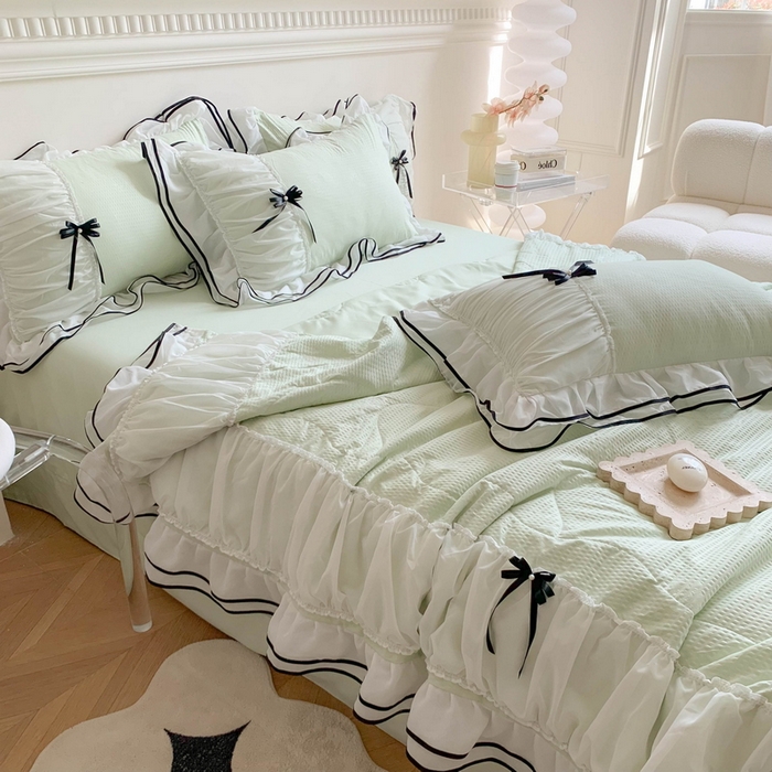 91家纺网 家纺一手货源 找家纺 吾欢心 2026新款小香风可可系列双层花边夏被四件套被子被芯 可可奶茶绿