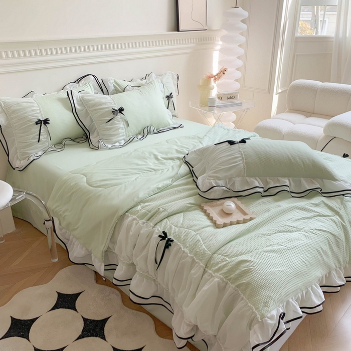 91家纺网 家纺一手货源 找家纺 吾欢心 2026新款小香风可可系列双层花边夏被四件套被子被芯 可可奶茶绿