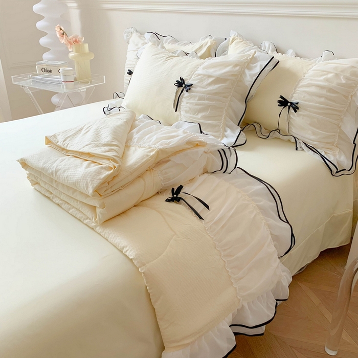 91家纺网 家纺一手货源 找家纺 吾欢心 2026新款小香风可可系列双层花边夏被四件套被子被芯 可可柠檬黄