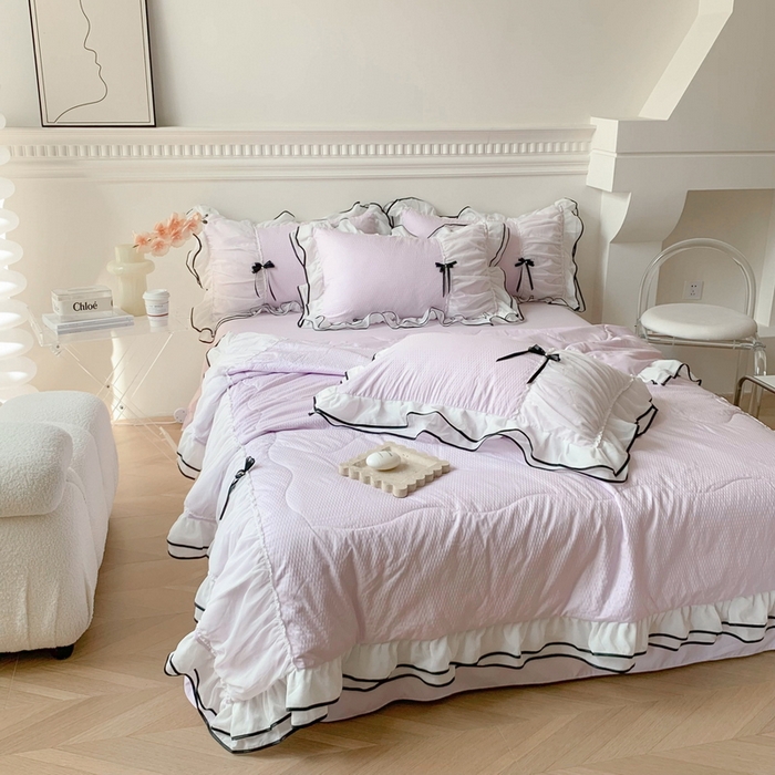 91家纺网 家纺一手货源 找家纺 吾欢心 2026新款小香风可可系列双层花边夏被四件套被子被芯 可可温柔紫