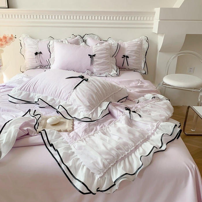 91家纺网 家纺一手货源 找家纺 吾欢心 2026新款小香风可可系列双层花边夏被四件套被子被芯 可可温柔紫