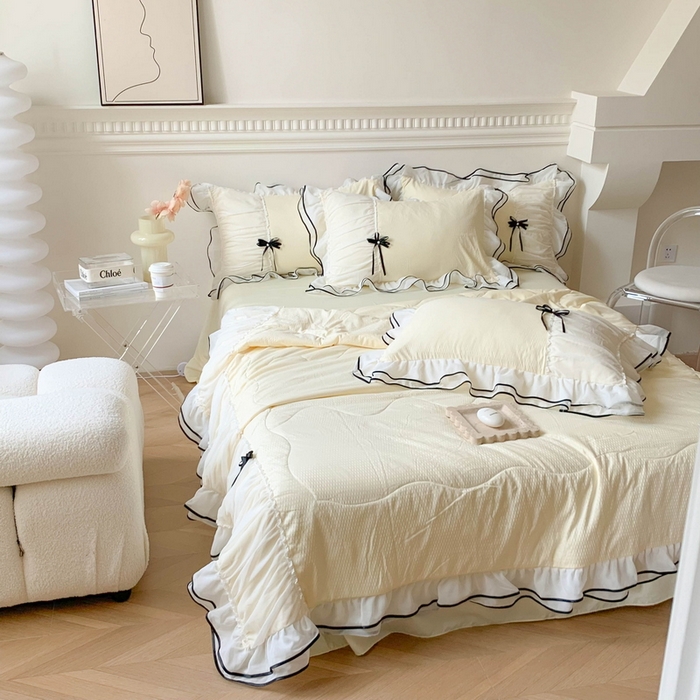 91家纺网 家纺一手货源 找家纺 吾欢心 2026新款小香风可可系列双层花边夏被四件套被子被芯 可可柠檬黄