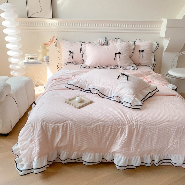 91家纺网 家纺一手货源 找家纺 吾欢心 2026新款小香风可可系列双层花边夏被四件套被子被芯 可可奶昔粉