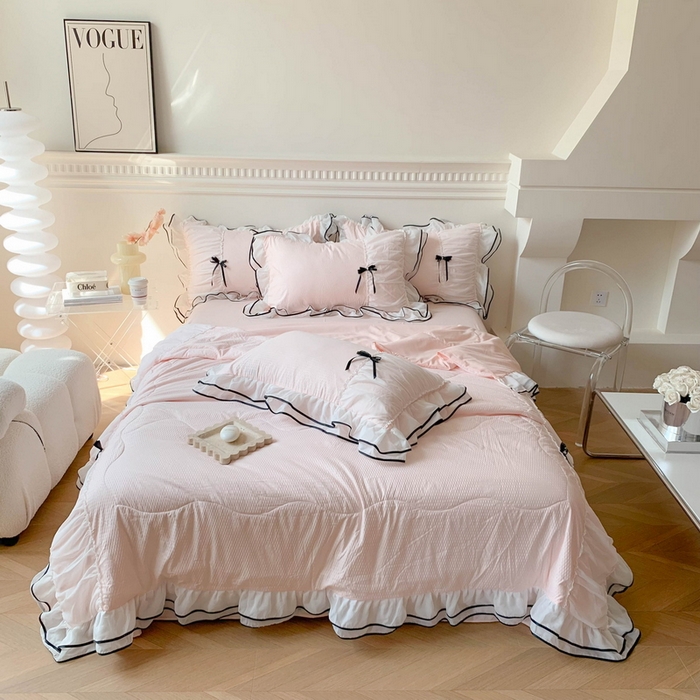 91家纺网 家纺一手货源 找家纺 吾欢心 2026新款小香风可可系列双层花边夏被四件套被子被芯 可可奶昔粉