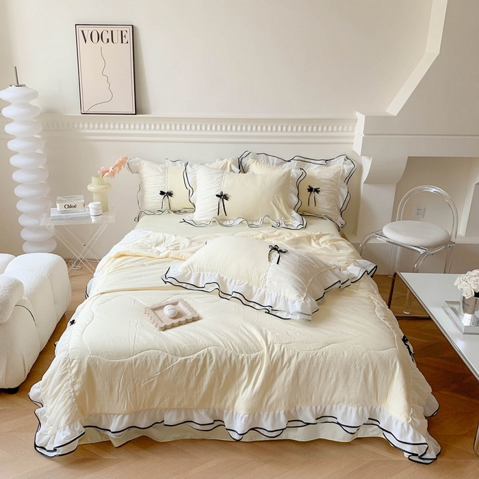 91家纺网 家纺一手货源 找家纺 吾欢心 2026新款小香风可可系列双层花边夏被四件套被子被芯 可可柠檬黄