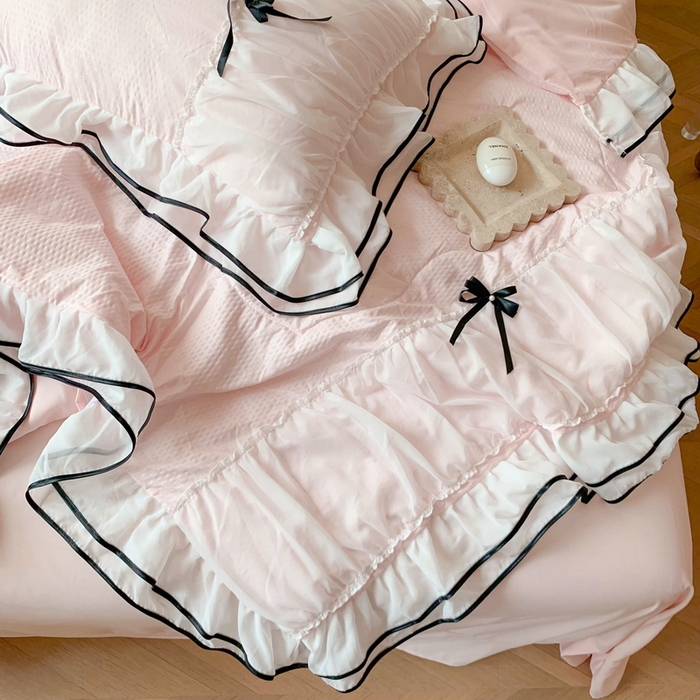 91家纺网 家纺一手货源 找家纺 吾欢心 2026新款小香风可可系列双层花边夏被四件套被子被芯 可可奶昔粉