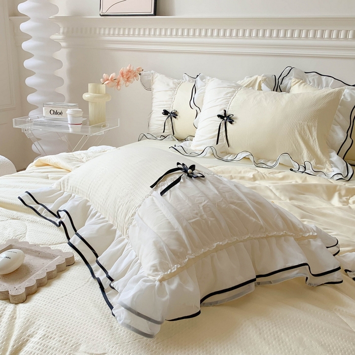 91家纺网 家纺一手货源 找家纺 吾欢心 2026新款小香风可可系列双层花边夏被四件套被子被芯 可可柠檬黄