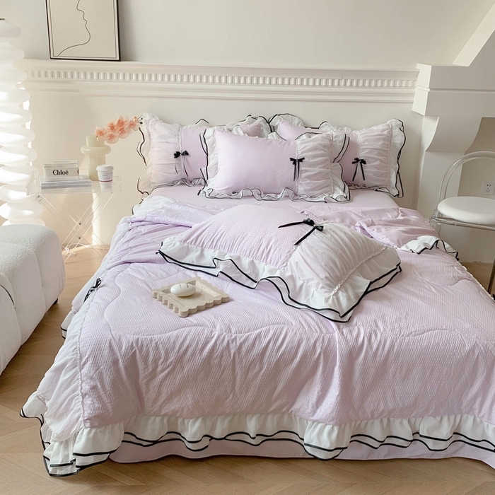 91家纺网 家纺一手货源 找家纺 吾欢心 2026新款小香风可可系列双层花边夏被四件套被子被芯 可可温柔紫