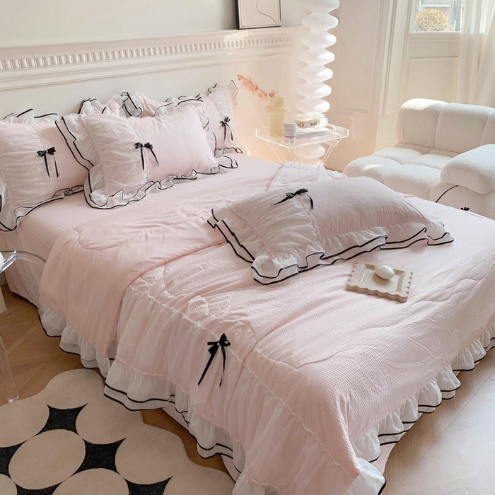 91家纺网 家纺一手货源 找家纺 吾欢心 2026新款小香风可可系列双层花边夏被四件套被子被芯 可可奶昔粉