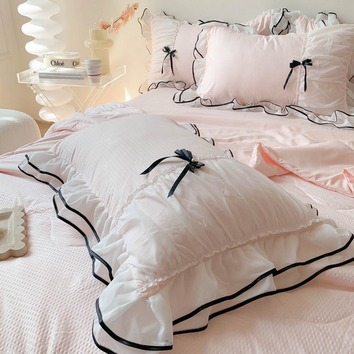 91家纺网 家纺一手货源 找家纺 吾欢心 2026新款小香风可可系列双层花边夏被四件套被子被芯 可可奶昔粉