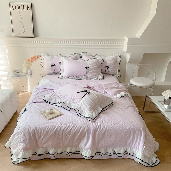 91家纺网 家纺一手货源 找家纺 吾欢心 2026新款小香风可可系列双层花边夏被四件套被子被芯 可可温柔紫