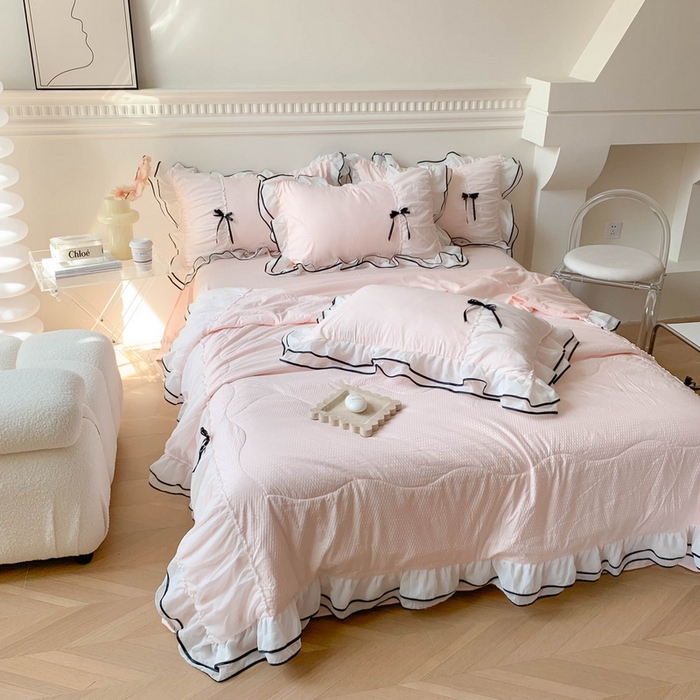 91家纺网 家纺一手货源 找家纺 吾欢心 2026新款小香风可可系列双层花边夏被四件套被子被芯 可可奶昔粉