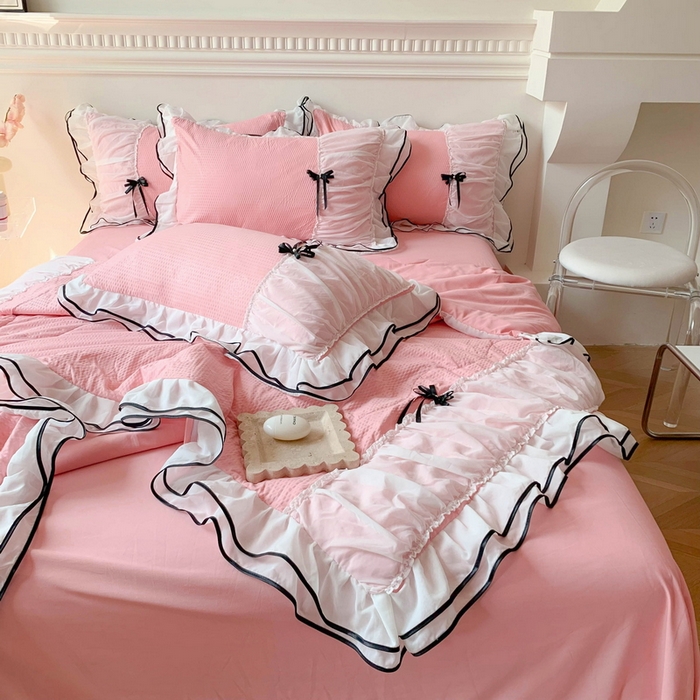 91家纺网 家纺一手货源 找家纺 吾欢心 2026新款小香风可可系列双层花边夏被四件套被子被芯 可可樱桃粉