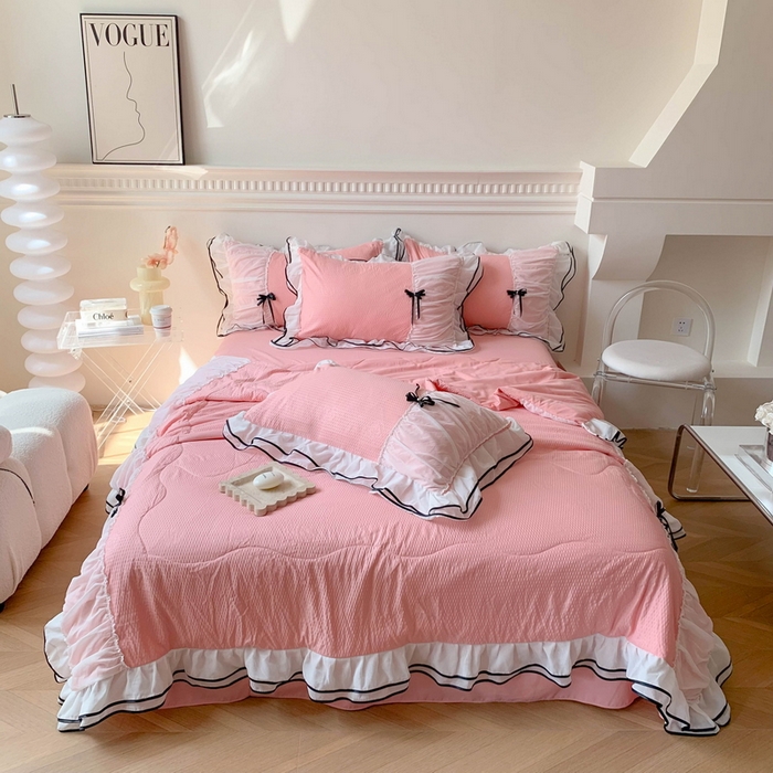 91家纺网 家纺一手货源 找家纺 吾欢心 2026新款小香风可可系列双层花边夏被四件套被子被芯 可可樱桃粉