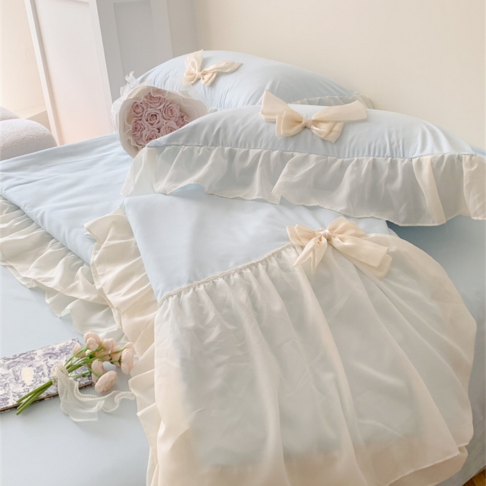 91家纺网 家纺一手货源 找家纺 吾欢心 2026新款A类甜心蝴蝶结夏被四件套 甜心蝴蝶结蓝