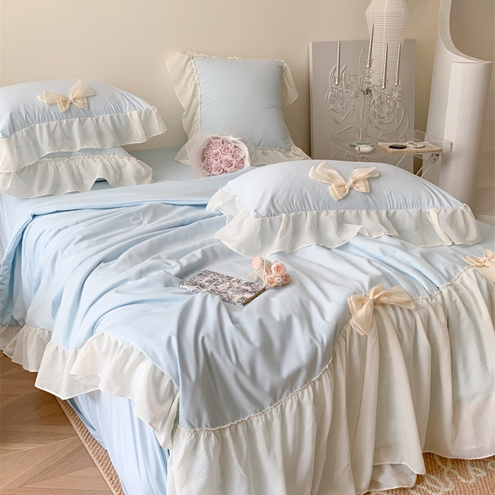 91家纺网 家纺一手货源 找家纺 吾欢心 2026新款A类甜心蝴蝶结夏被四件套 甜心蝴蝶结蓝