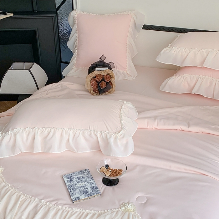 91家纺网 家纺一手货源 找家纺 吾欢心 2026新款A类法式花边爱丽莎夏被四件套 爱丽莎粉