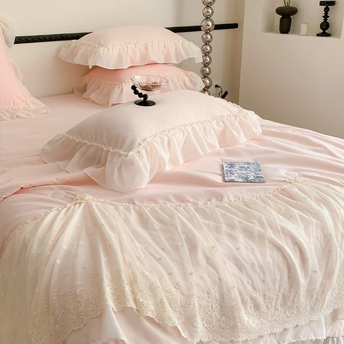 91家纺网 家纺一手货源 找家纺 吾欢心 2026新款A类法式花边爱丽莎夏被四件套 爱丽莎粉