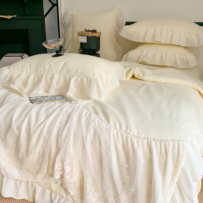 91家纺网 家纺一手货源 找家纺 吾欢心 2026新款A类法式花边爱丽莎夏被四件套 爱丽莎黄