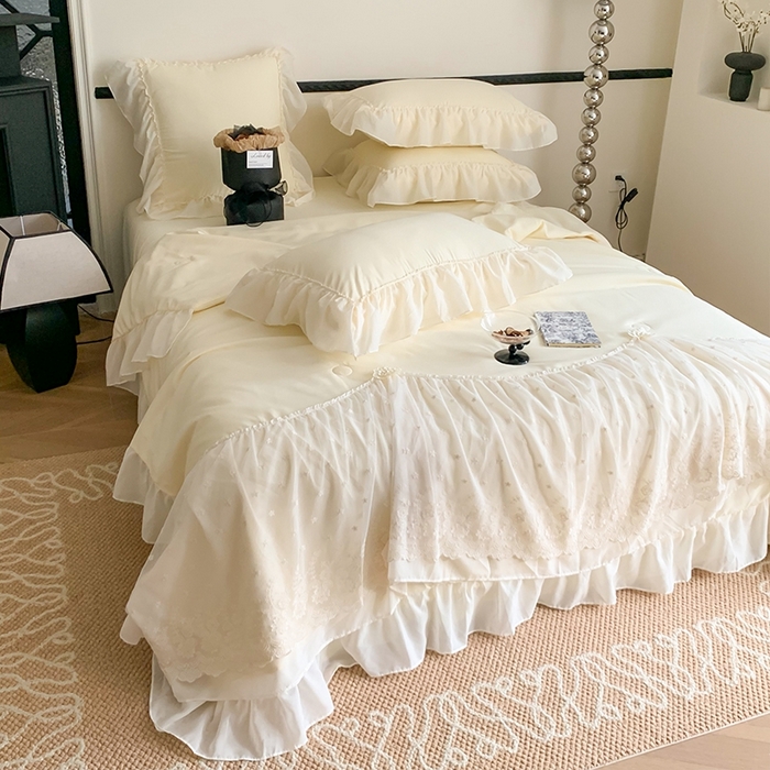 91家纺网 家纺一手货源 找家纺 吾欢心 2026新款A类法式花边爱丽莎夏被四件套 爱丽莎黄