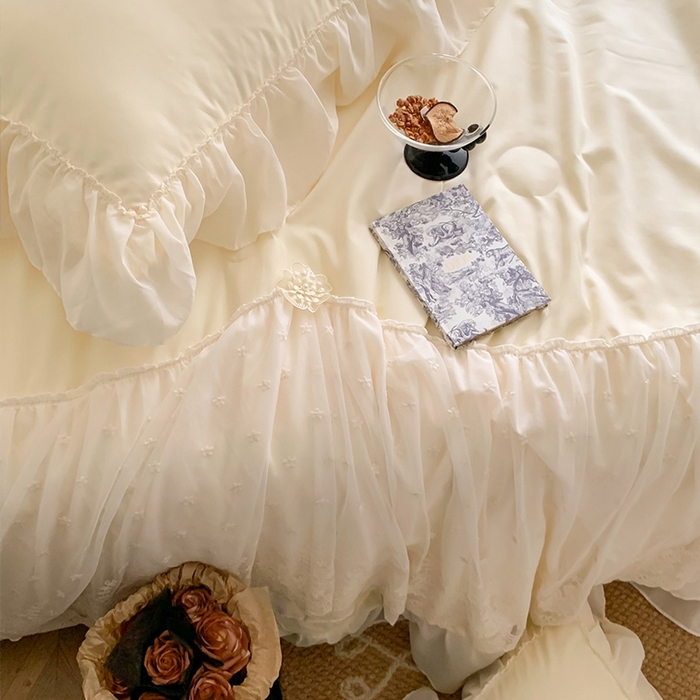 91家纺网 家纺一手货源 找家纺 吾欢心 2026新款A类法式花边爱丽莎夏被四件套 爱丽莎黄