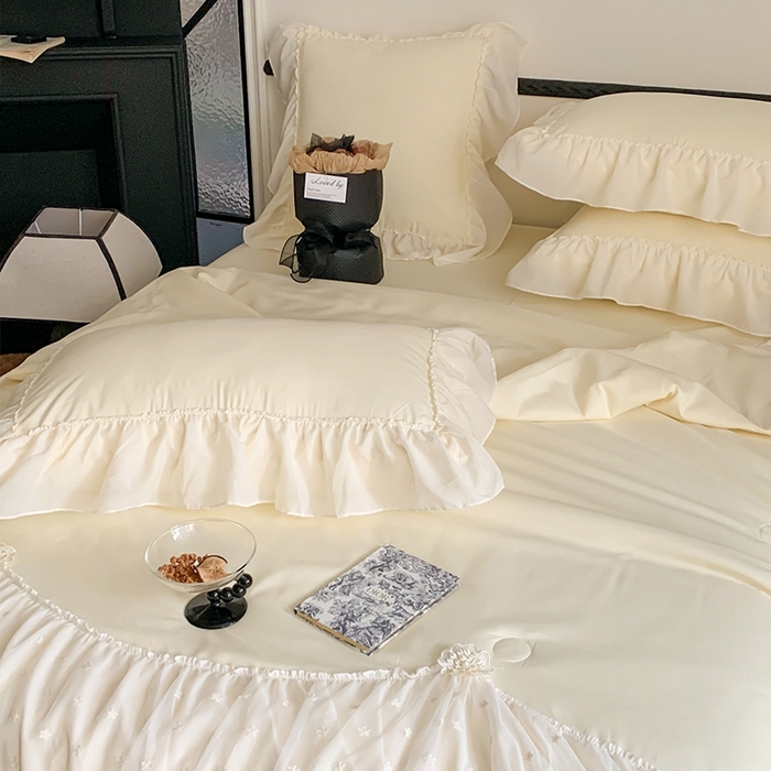 91家纺网 家纺一手货源 找家纺 吾欢心 2026新款A类法式花边爱丽莎夏被四件套 爱丽莎黄