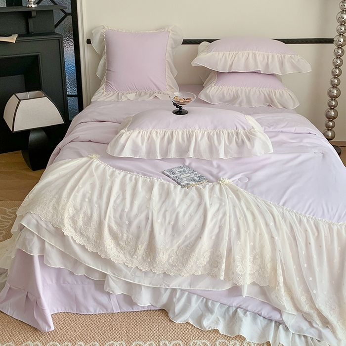 91家纺网 家纺一手货源 找家纺 吾欢心 2026新款A类法式花边爱丽莎夏被四件套 爱丽莎紫