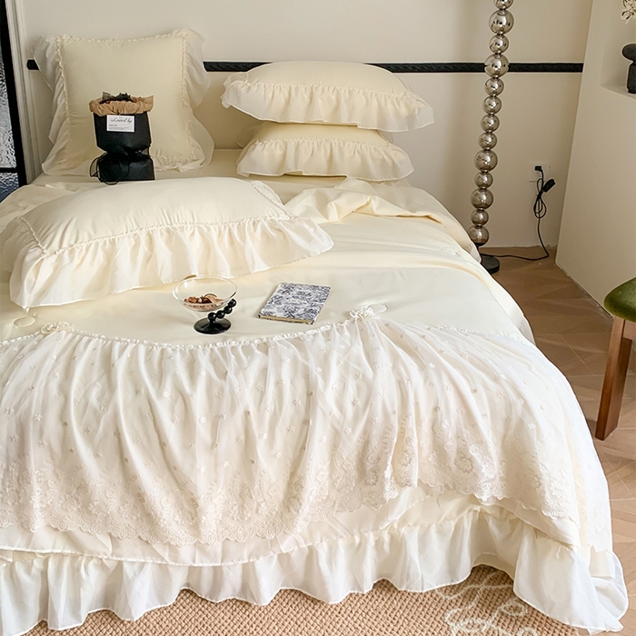 91家纺网 家纺一手货源 找家纺 吾欢心 2026新款A类法式花边爱丽莎夏被四件套 爱丽莎黄