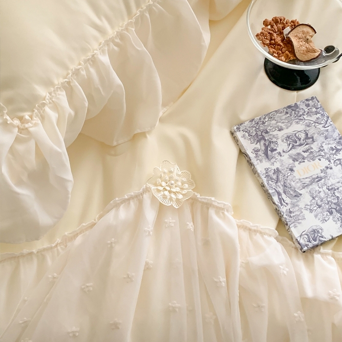 91家纺网 家纺一手货源 找家纺 吾欢心 2026新款A类法式花边爱丽莎夏被四件套 爱丽莎黄