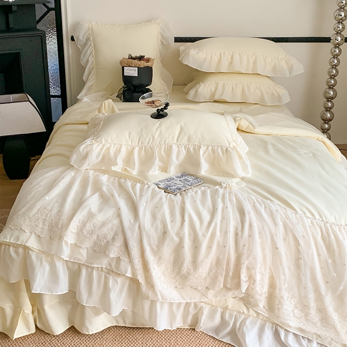 91家纺网 家纺一手货源 找家纺 吾欢心 2026新款A类法式花边爱丽莎夏被四件套 爱丽莎黄