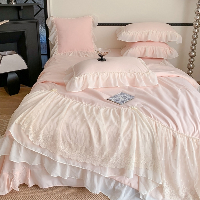 91家纺网 家纺一手货源 找家纺 吾欢心 2026新款A类法式花边爱丽莎夏被四件套 爱丽莎粉