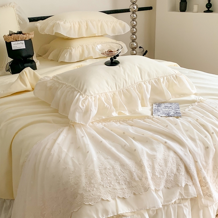 91家纺网 家纺一手货源 找家纺 吾欢心 2026新款A类法式花边爱丽莎夏被四件套 爱丽莎黄