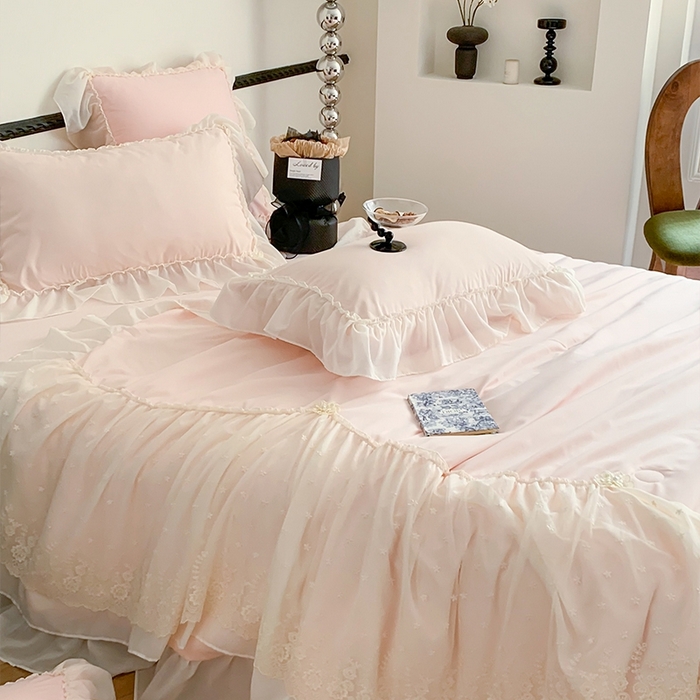 91家纺网 家纺一手货源 找家纺 吾欢心 2026新款A类法式花边爱丽莎夏被四件套 爱丽莎粉