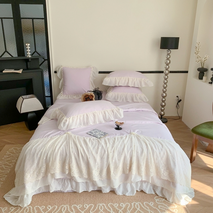 91家纺网 家纺一手货源 找家纺 吾欢心 2026新款A类法式花边爱丽莎夏被四件套 爱丽莎紫
